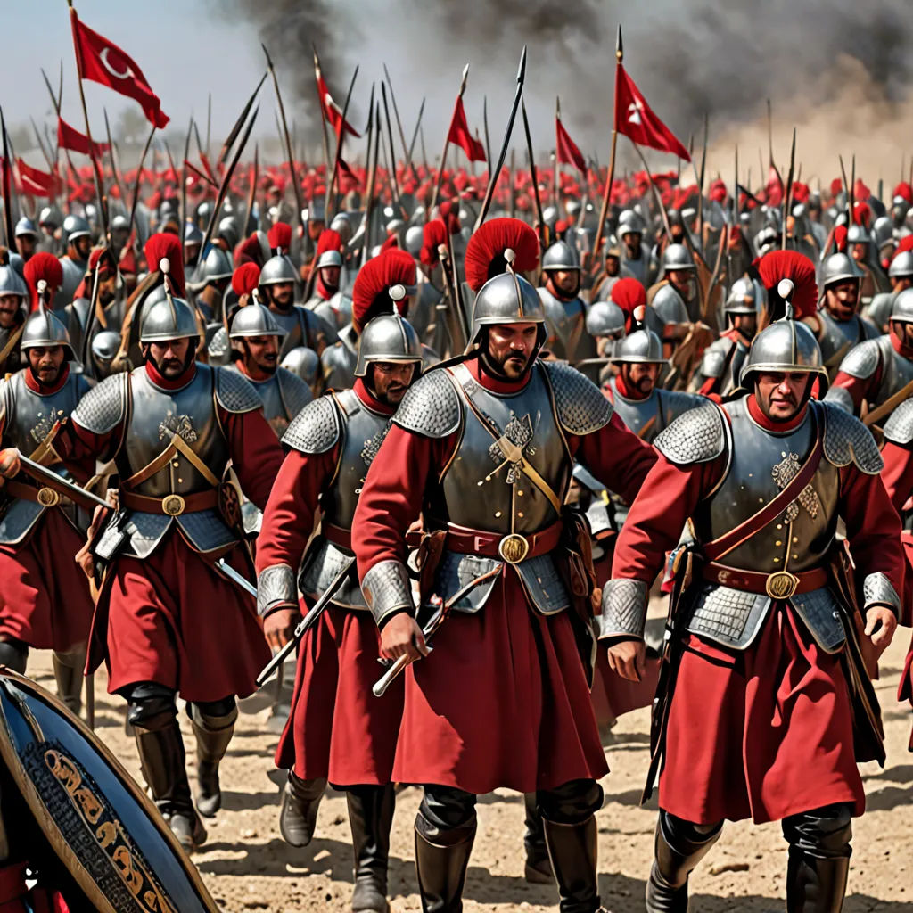 a group of men in armor and helmets marching through a field with flags and smoke behind them and a sky background, antipodeans, a detailed matte painting, Altoon Sultan, vfx