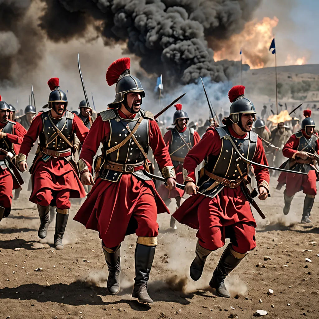 a group of men in red uniforms marching through a field with smoke billowing from the sky behind them, antipodeans, a detailed matte painting, Coppo di Marcovaldo, vfx