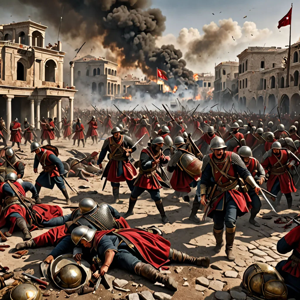 a painting of a battle with a bunch of men in red uniforms and black helmets and red coats on, antipodeans, a detailed matte painting, Coppo di Marcovaldo, renaissance oil painting