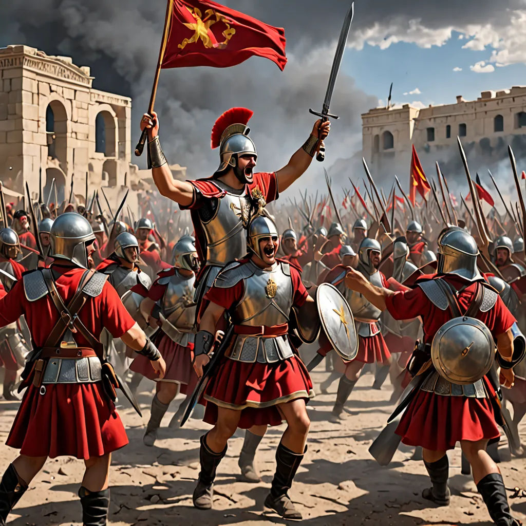 a group of men in roman armor holding flags and shields in front of a castle with a cloudy sky, antipodeans, a detailed matte painting, Edi Rama, cinematic matte painting