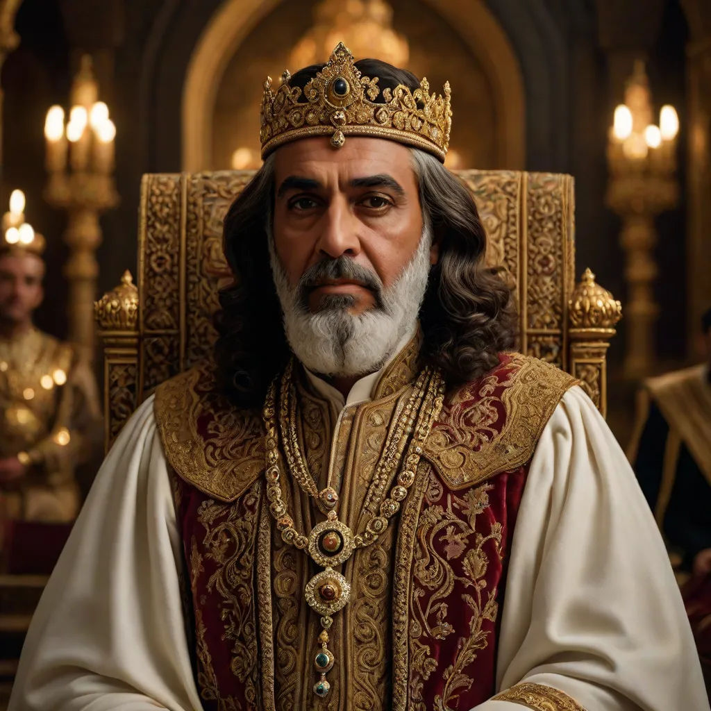 a man in a crown and robe sitting in a chair with other men in the background in a golden room, Altoon Sultan, qajar art, a character portrait, promotional image