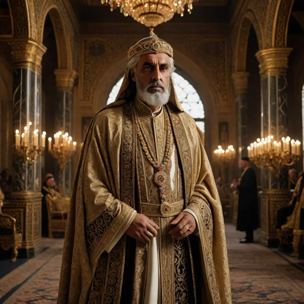 a man in a golden outfit standing in a room with chandeliers and chandeliers on the ceiling, Altoon Sultan, qajar art, a character portrait, regal