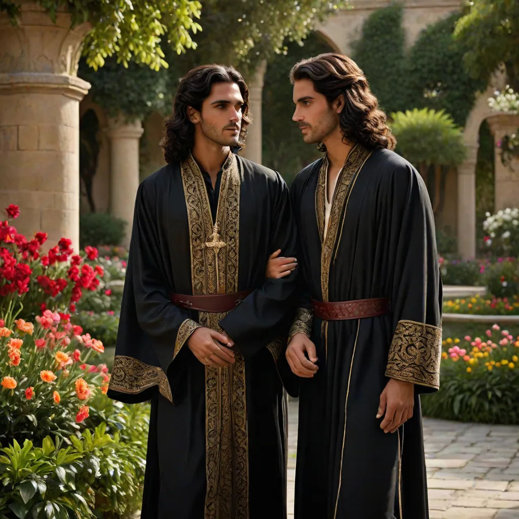 two men dressed in black and gold standing next to each other in a garden with flowers and trees in the background, Fathi Hassan, qajar art, a flemish Baroque, orientalism