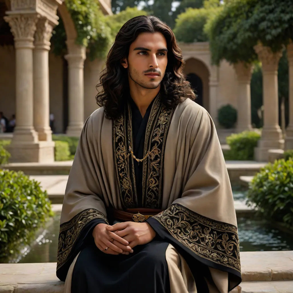 a man in a brown and black outfit sitting on a ledge in a courtyard with a fountain in the background, Altoon Sultan, hurufiyya, a character portrait, orientalism
