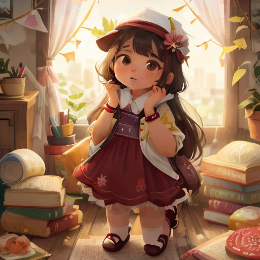 a girl in a dress and hat standing in front of a window with books on the floor and a pile of books on the floor
