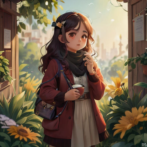 a girl in a red coat is holding a cup of coffee and a flowered bush in the background