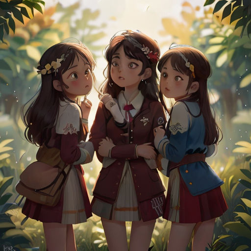 three girls standing in a forest with their arms around each other and looking at something in the distance with a sun shining behind them