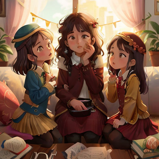 three girls sitting on a couch in a room with books and papers on the floor and a window behind them
