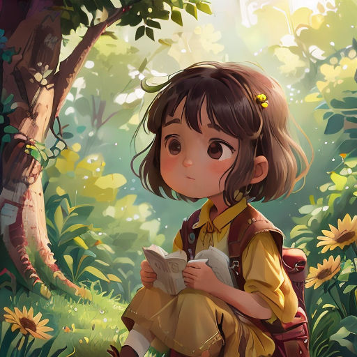 a little girl sitting on a bench in the woods reading a book and looking at the camera with a smile