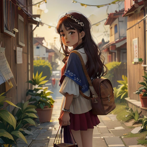 a girl with a purse and a purse is walking down a street in a village with a house and a string of lights