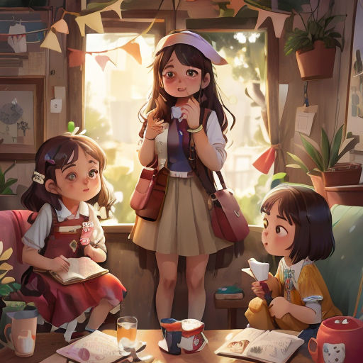 a group of girls sitting around a table with books and cups on it, and a girl holding a book