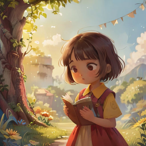a little girl reading a book in a forest with a tree and a castle in the background, with a bunting banner