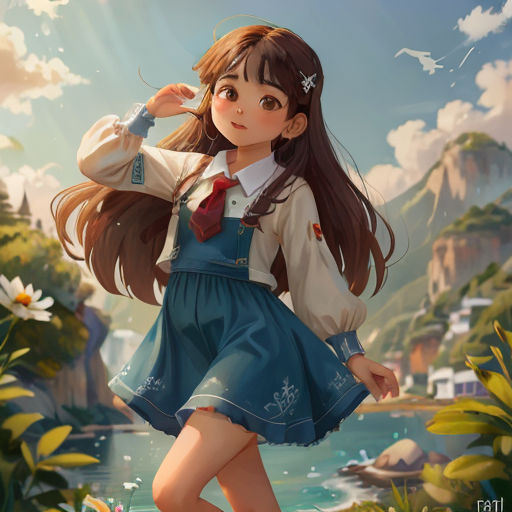 a girl in a blue dress standing in front of a lake and mountains with a bird flying overhead and a bird flying overhead