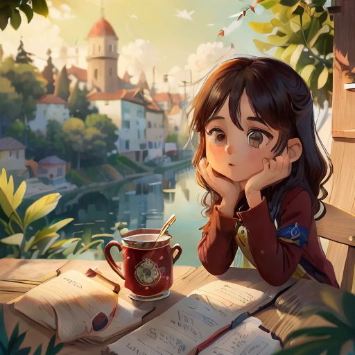 a girl sitting at a table with a cup of coffee and a book in front of her, looking at a book