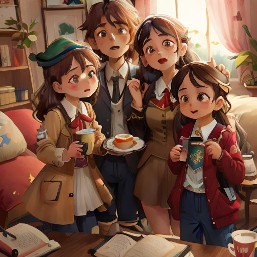a group of people standing next to each other in a living room next to a book shelf and a table