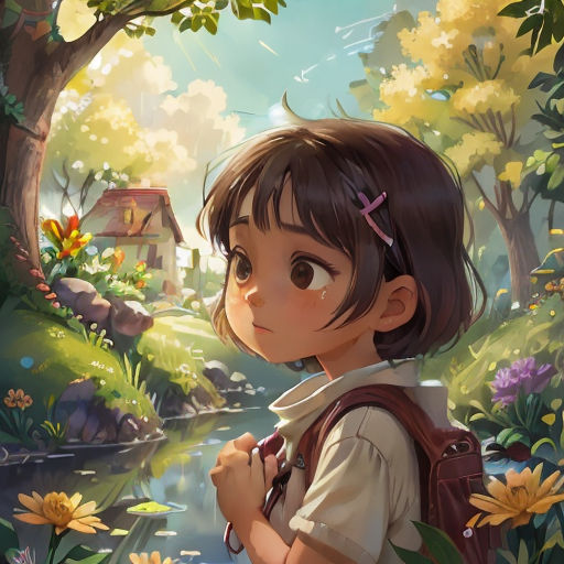 a girl with a backpack looking at a river in the woods with flowers on it and a house in the background