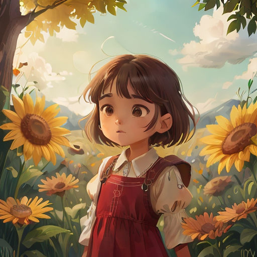 a girl in a red dress standing in a field of sunflowers with a sky background and clouds