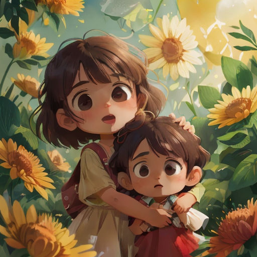 a couple of kids standing in a field of sunflowers with a woman holding a child in her arms