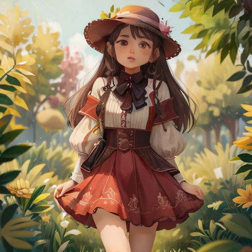 a girl in a dress and hat walking through a field of flowers with a handbag on her hip