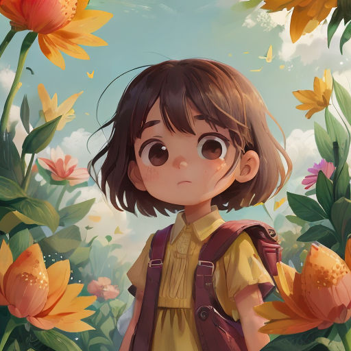 a girl with a backpack standing in a field of flowers with a sky background and clouds in the background