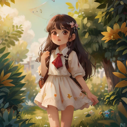a girl in a dress and a bow tie walking through a forest with sunflowers and a bird flying overhead