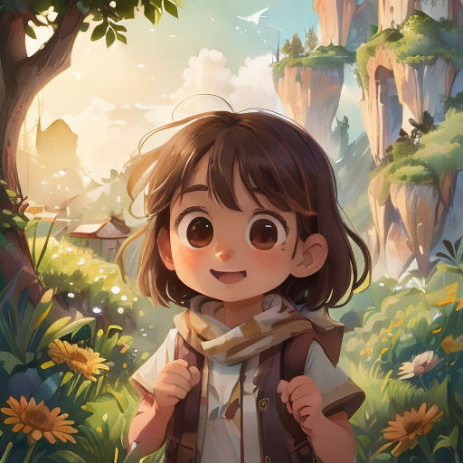 a girl with a backpack standing in a forest with a mountain in the background and sun shining through the trees