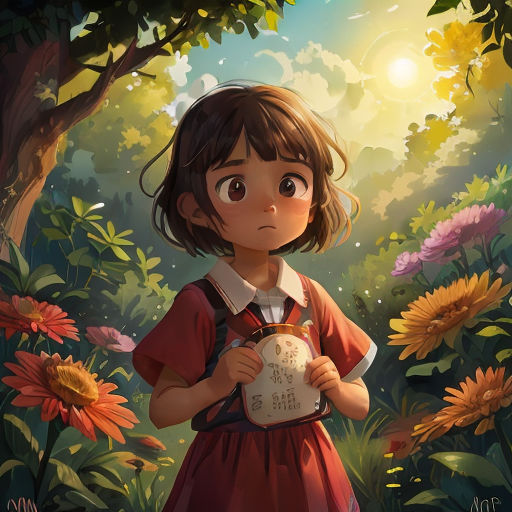 a girl in a red dress holding a white plate in a forest with sunflowers and trees in the background