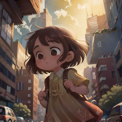 a girl with a backpack is walking down the street in a city with tall buildings and a sky background