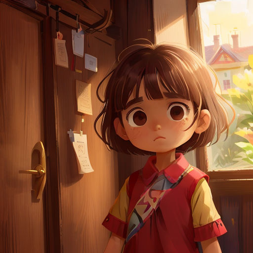 a young girl standing in front of a door with a note on it's wall next to a window
