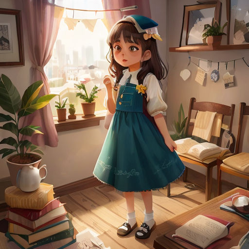 a girl in a blue dress standing in a room with a window and books on the floor and a potted plant