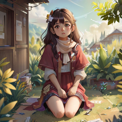 a girl sitting on the ground in front of a house with a bird on her head and a bird in her hair