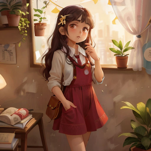 a girl in a red dress is standing in front of a window and holding a book in her hand