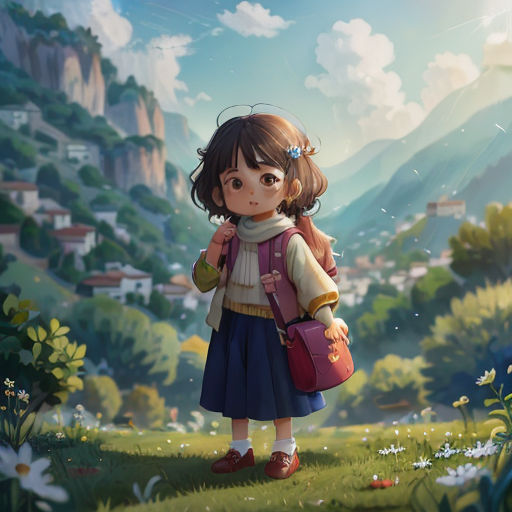 a girl with a backpack standing in a field of flowers and grass with a mountain in the background and a valley in the foreground