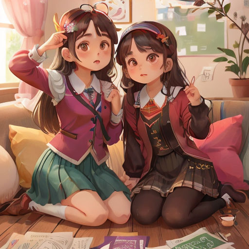 two girls sitting on a couch next to each other with papers on the floor behind them and a plant in the background