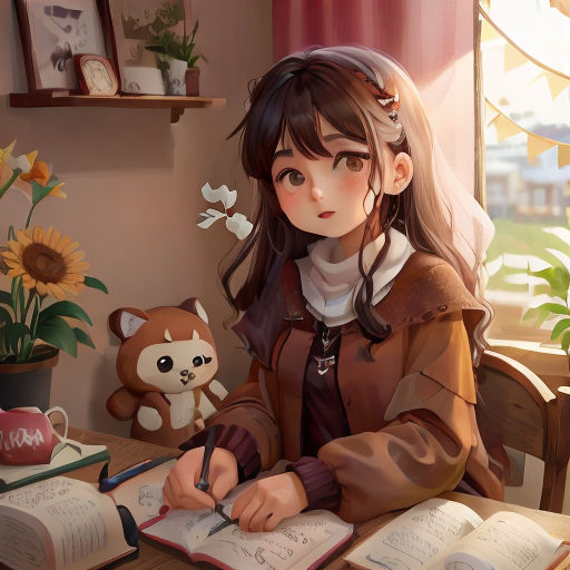 a girl sitting at a table with a book and pen in her hand and a teddy bear on the table