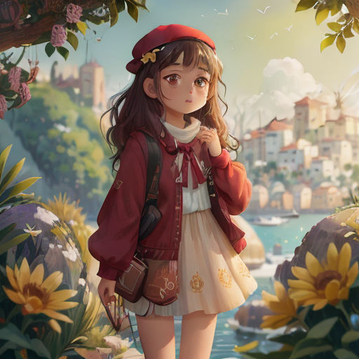 a girl in a red jacket and a white dress is standing in front of a tree and flowers and a body of water