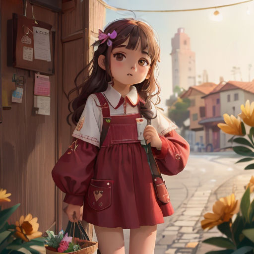 a girl in a red dress holding a basket of flowers and a basket of flowers in front of a building