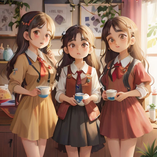 three girls are standing together holding cups and plates of food in their hands and looking at the camera, with a plant in the background