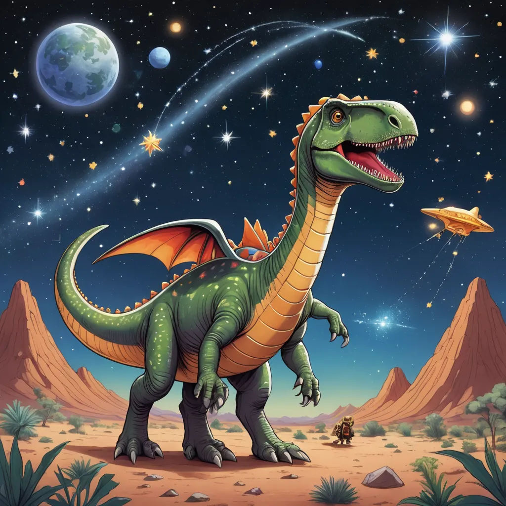 a dinosaur in the desert with a spaceship in the sky above it and a planet in the background with stars, space art, a storybook illustration, Adam Rex, game art