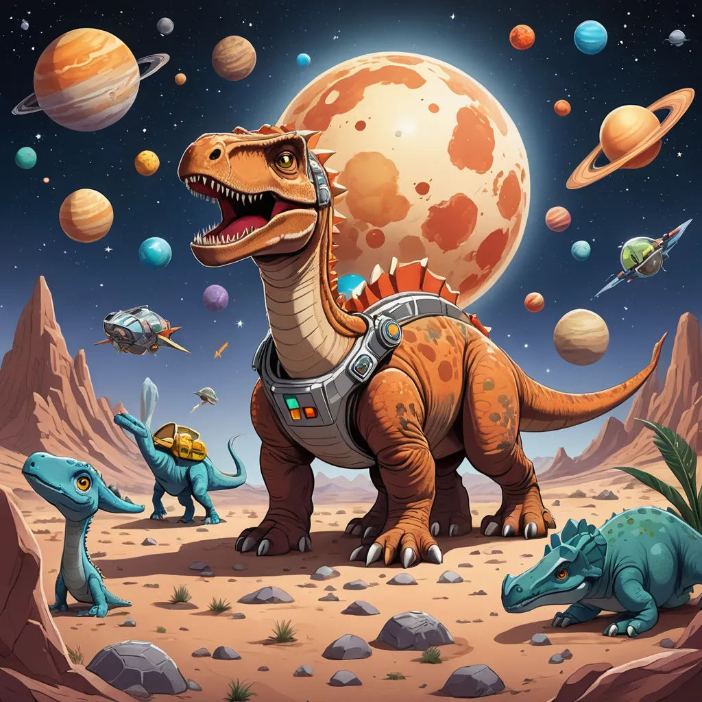 a cartoon dinosaur with a space theme in the background and a group of other dinosaurs in the foreground, space art, an album cover, Chris LaBrooy, rossdraws global illumination