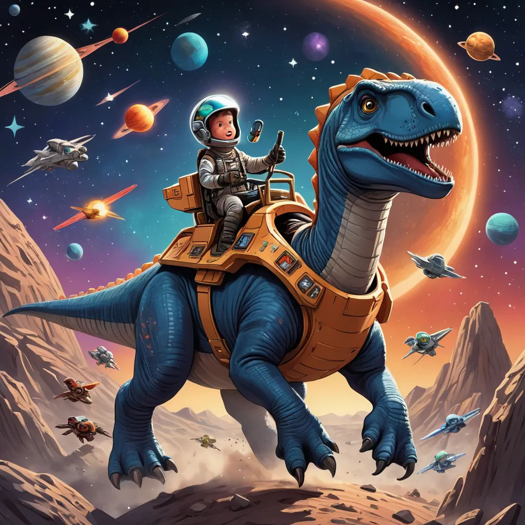 a man riding on the back of a dinosaur in space with other planets in the background and a person in a space suit on the back, space art, a storybook illustration, Adam Rex, josan gonzales and dan mumford