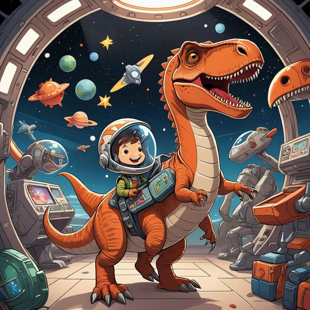 a boy in a space suit riding a dinosaur in a space station with other dinosaurs and other objects around him, space art, a storybook illustration, Adam Rex, rossdraws global illumination