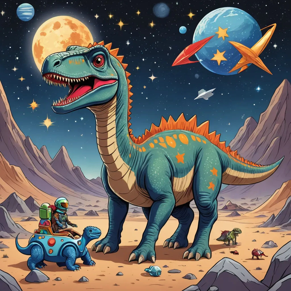 a dinosaur and a small car in a desert area with mountains and stars in the background and a rocket ship in the sky, space art, a storybook illustration, Adam Rex, promotional image