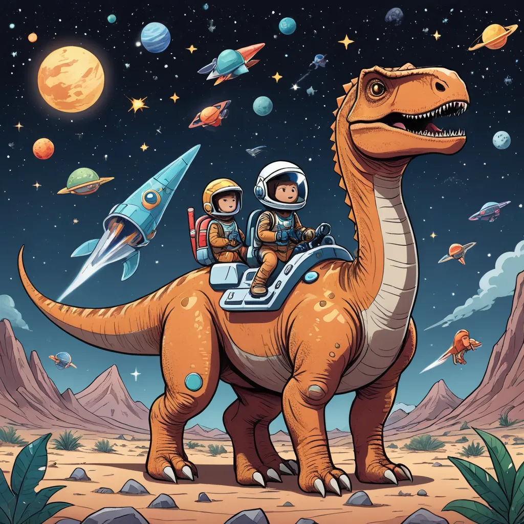 a dinosaur with two astronauts riding on it's back in the desert with planets and stars in the sky, space art, a storybook illustration, Adam Rex, josan gonzales and dan mumford