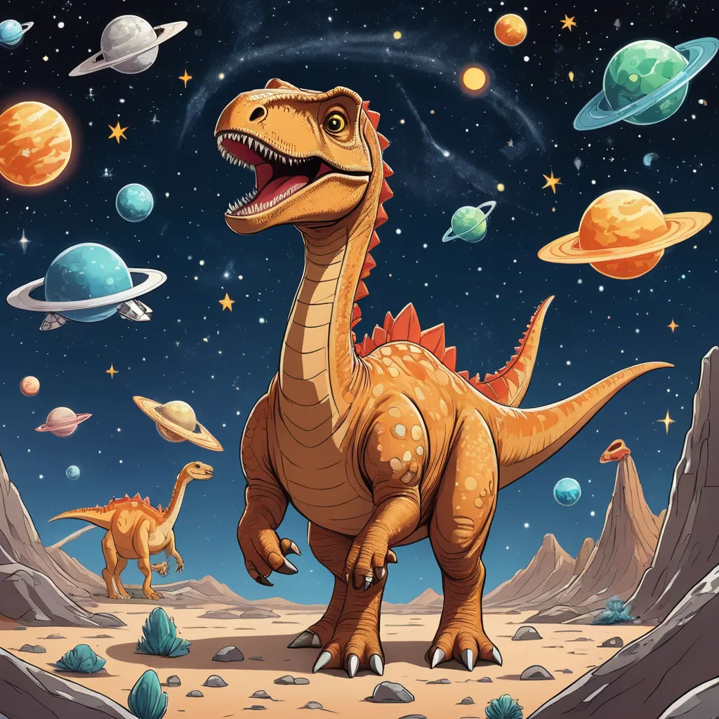 a dinosaur in the desert with planets and stars in the background illustration by alex krapfa for the children's book, the dinosaur book, the lost, space art, poster art, Adam Rex, detailed illustration