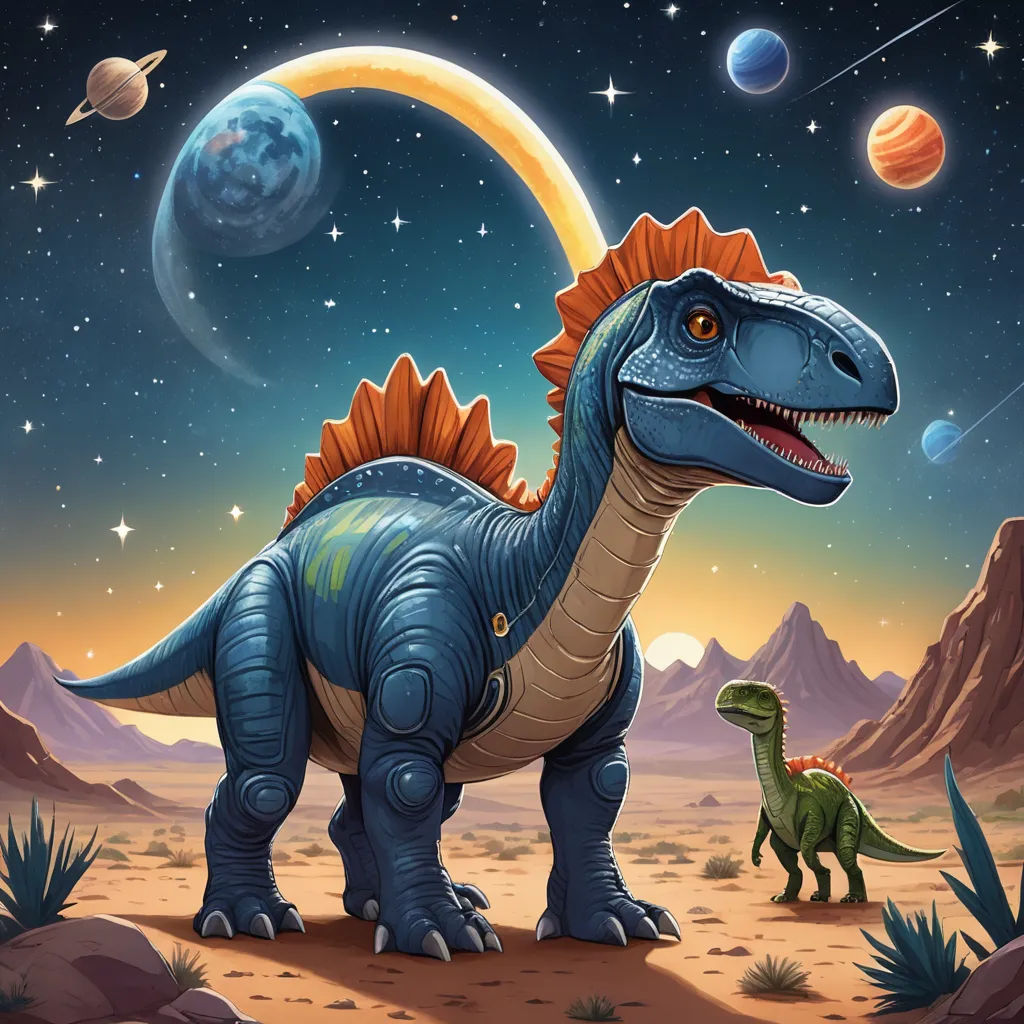 a dinosaur and a dinosaur in the desert with planets in the background illustration by alex macdow for the children's book, the dinosaur and the planet, space art, an album cover, Adam Rex, rossdraws global illumination