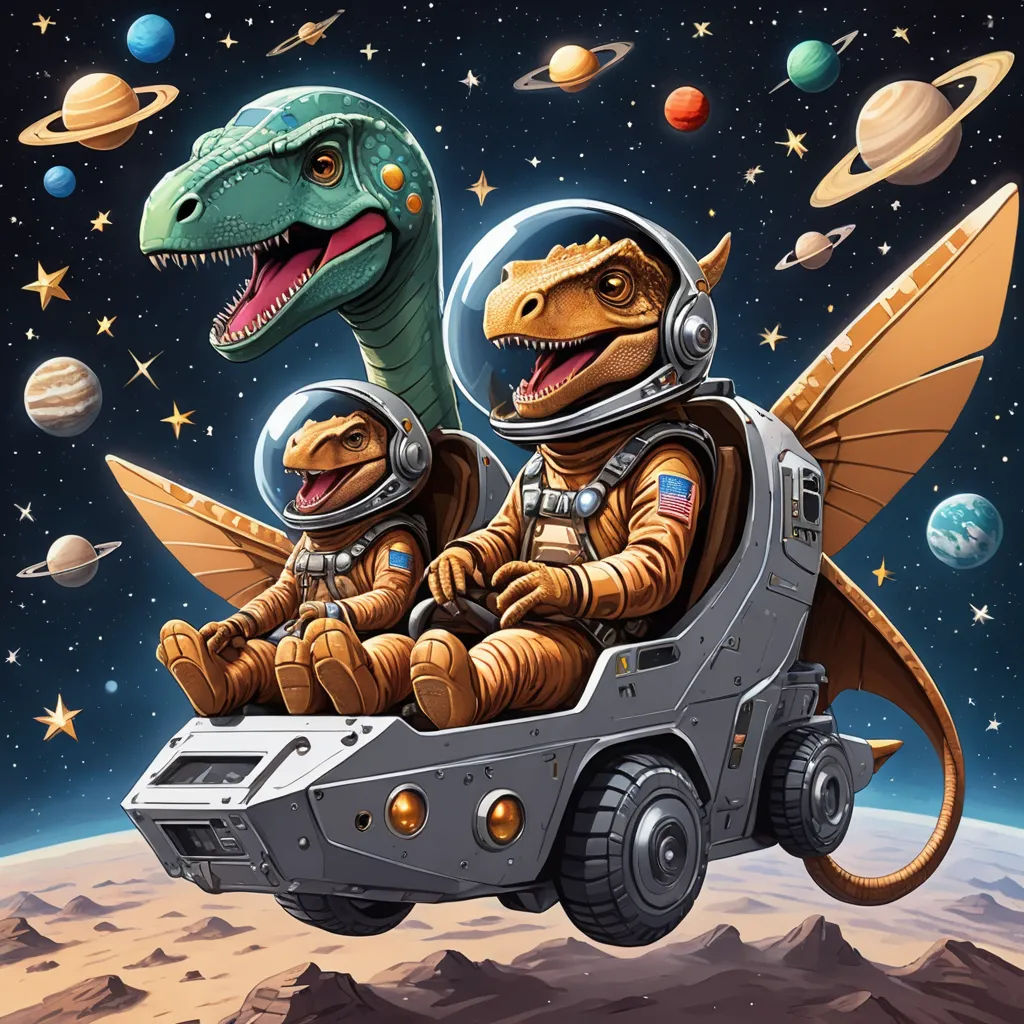 a dinosaur and a t - rex riding in a space car with planets in the background and a dinosaur in the foreground, space art, an album cover, Adam Rex, josan gonzales and dan mumford
