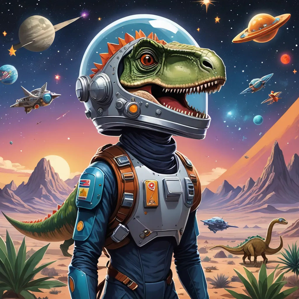 a dinosaur in a space suit with a helmet on and other dinosaurs in the background with planets in the sky, space art, poster art, Adam Rex, josan gonzales and dan mumford