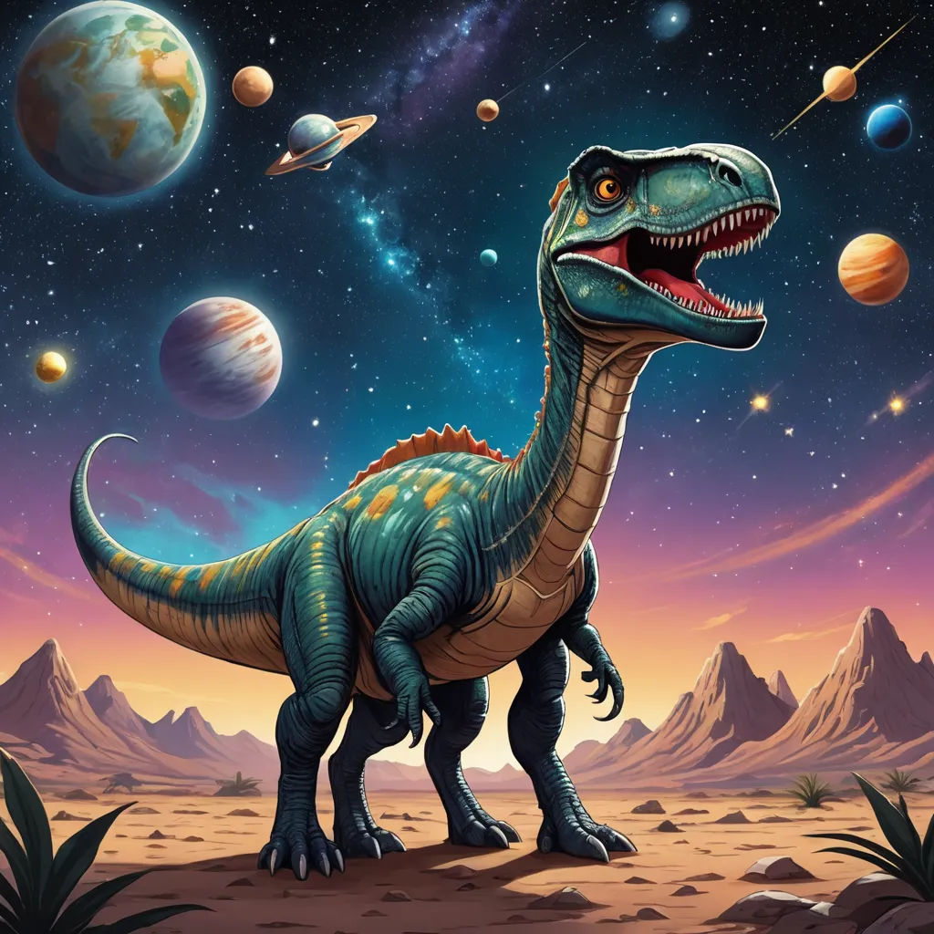 a dinosaur in the desert with planets in the background illustration by jeff straube for the new york times, space art, poster art, Adam Rex, rossdraws global illumination
