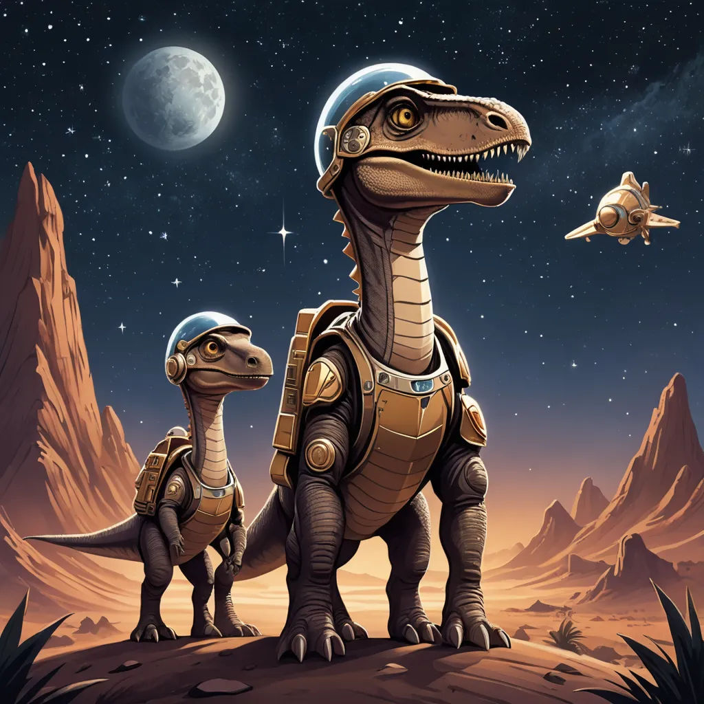 a couple of dinosaurs standing on top of a desert field under a moon filled sky with a jet flying in the distance, space art, an album cover, Adam Rex, highly detailed digital art